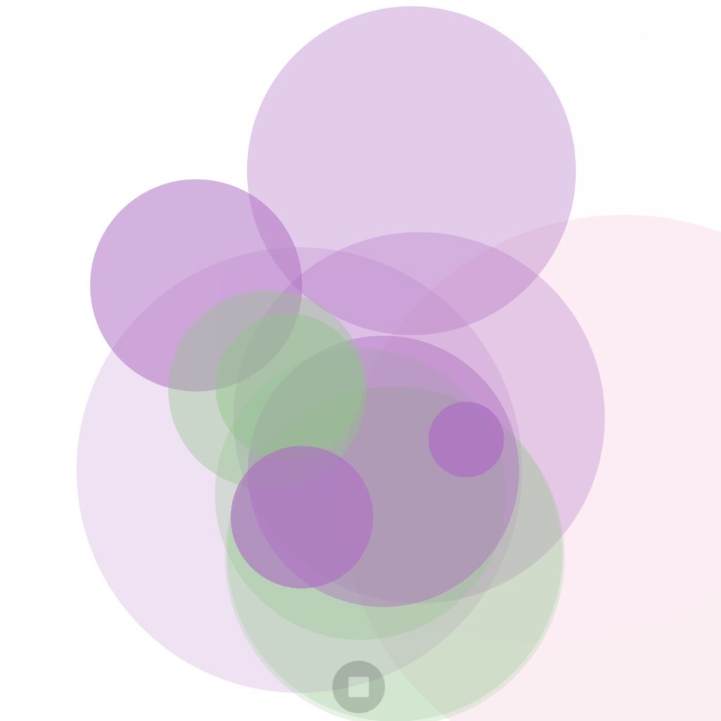 Some Bubbles from a game of blossom. They're purple, pink, green, and semi-transparent.