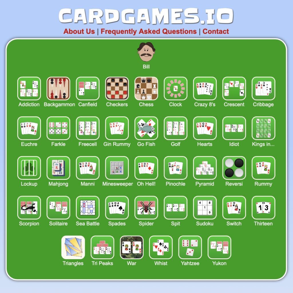 Screen shot of all the card games available at card games.io.