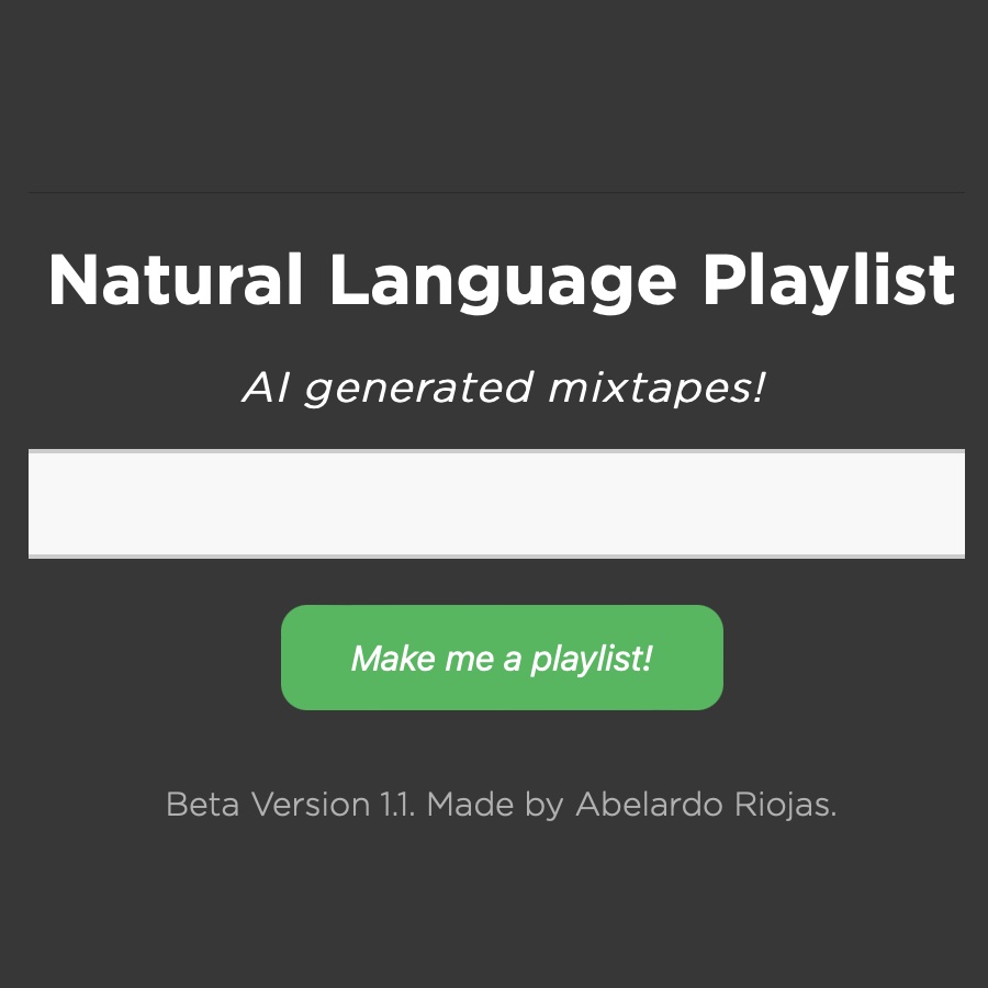 Screenshot of natural language playlist homepage.
